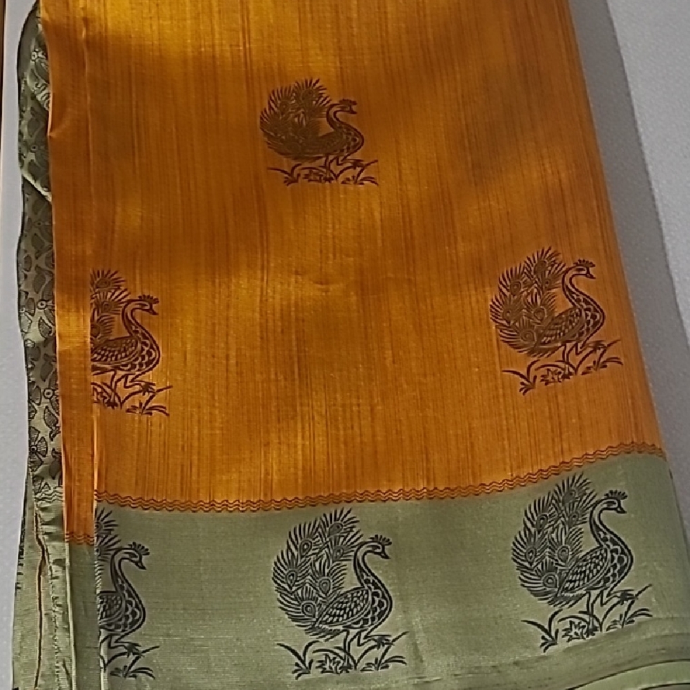 Orange and Green Peacock Design Saree